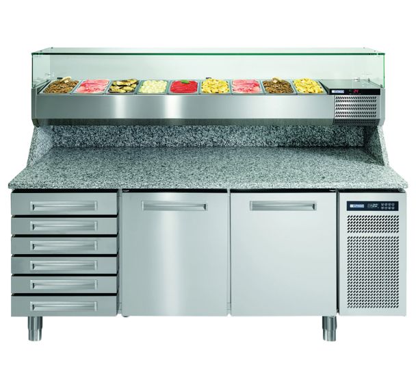 Meuble de préparation pizza,dessus granit et dosseret,2 portes+6 tiroirs neutres