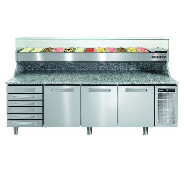 Meuble de préparation pizza,dessus granit et dosseret,3 portes+6 tiroirs neutres