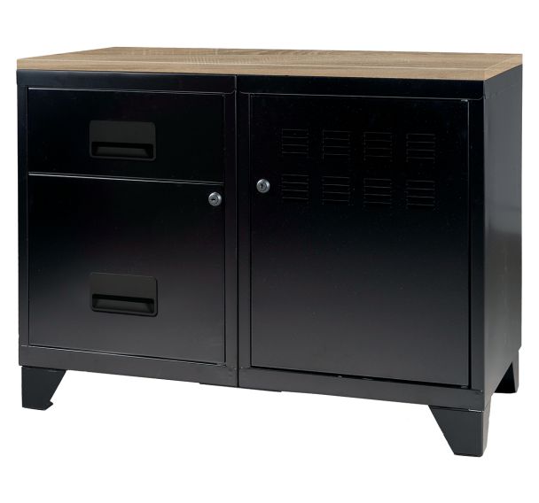 Meuble mixte Industrie bas top Chêne clair 1 porte 2 tiroirs Noir