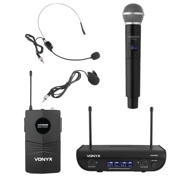Micro sans fil UHF 2 canaux 1 micro main 1 serre-tête Vonyx