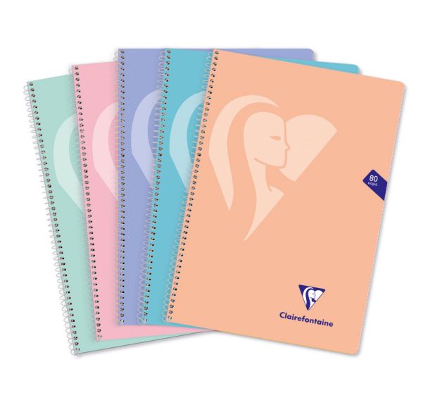 Mimesys cahier spiralé carte souple Folio 21,5x31cm 160p Q.4x4 + marge couleurs PASTEL assorties