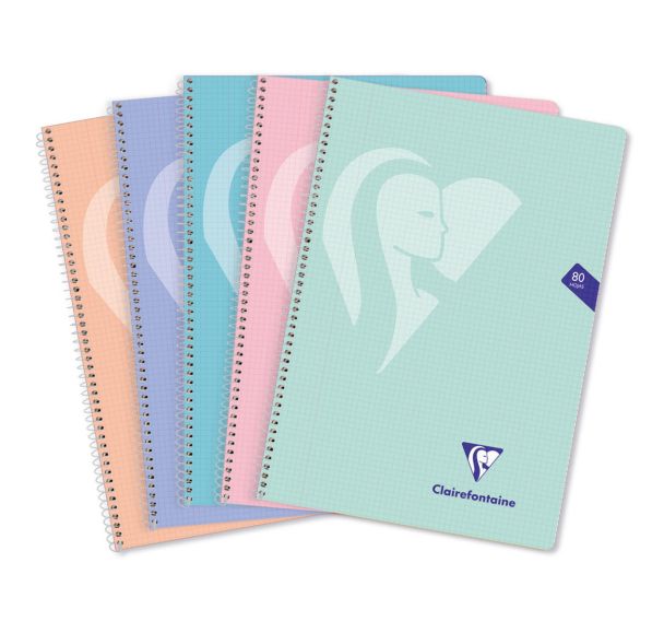Mimesys cahier spiralé polypro Folio 21,5x31cm 160p Q.4x4 + marge couleurs PASTEL assorties