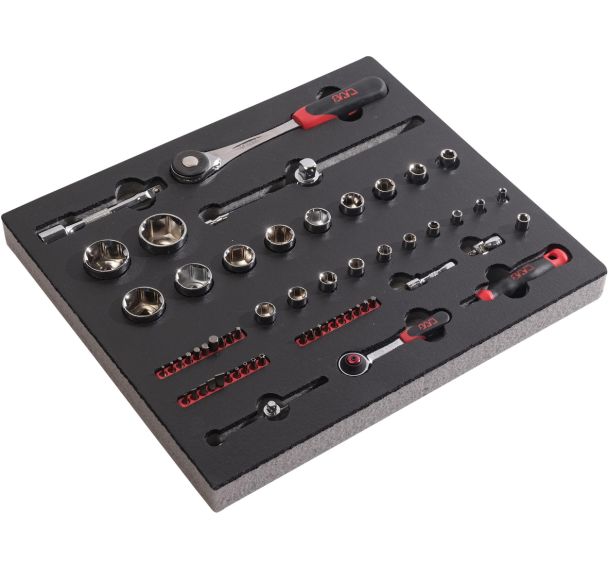 Module mousse 2/3 de 60 outils en mm cliquets 1/4 + push 1/2