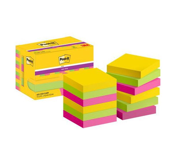 Notes Super Sticky 47.6mm x 47.6mm 12blocs assortis Carnaval