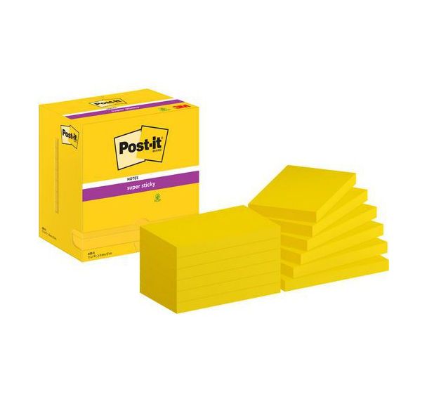 Notes Super Sticky Post-it® 76 x 127 mm, 12 blocs jaune