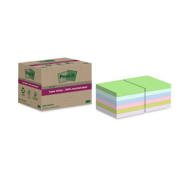 Notes Super Sticky Recyclées 76x76mm 12 blocs assortis