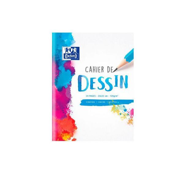 OXFORD Cahier Dessin 24x32cm Réglure Unie Blanche 24 Pages Agrafées Couverture Carte Colorée