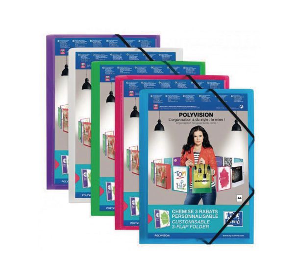 OXFORD Chemise 3 Rabats Polyvision A4 avec Elastique Couverture Polypro Translucide Coloris Assortis