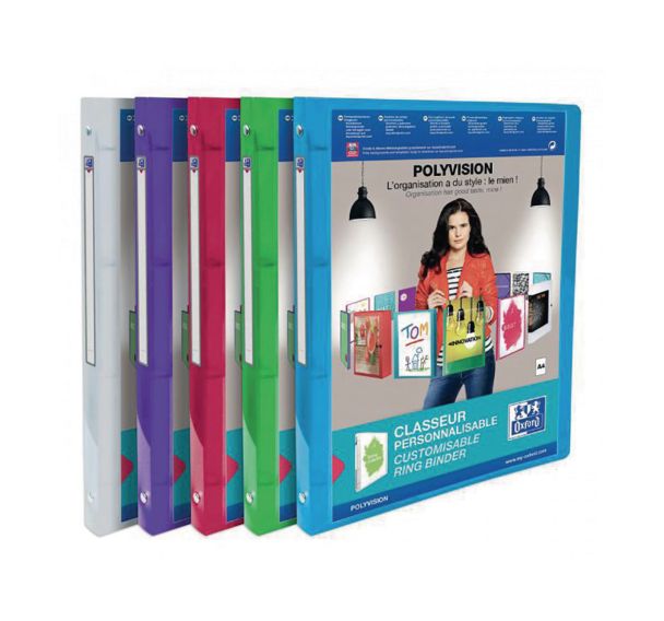 OXFORD Classeur Polyvision A4 Dos 20mm 4 Anneaux Ronds Couverture Polypro Translucide Coloris Assortis
