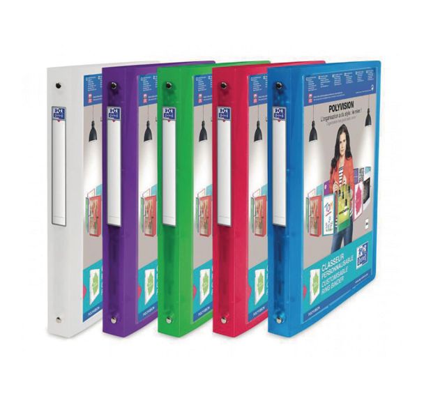 OXFORD Classeur Polyvision A4 Dos 30mm 4 Anneaux Ronds Couverture Polypro Translucide Coloris Assortis