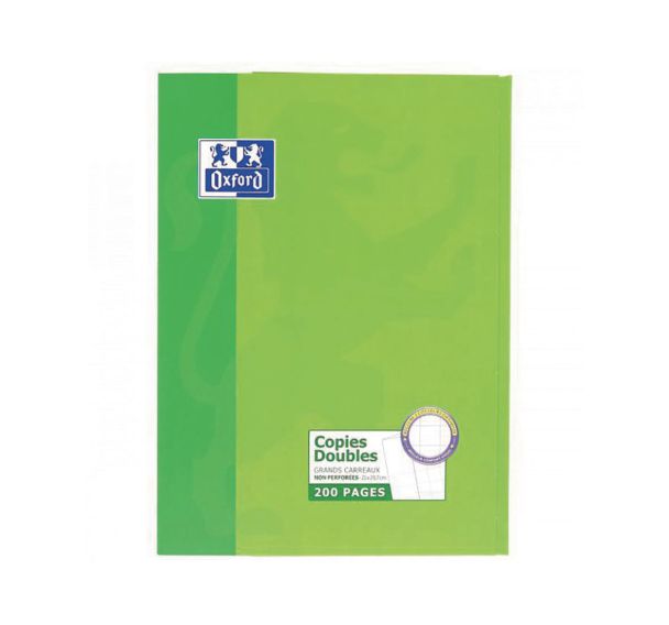 OXFORD Copies Doubles Non Perforées A4 Grands carreaux Seyès 200 Pages Etui Carte Vert