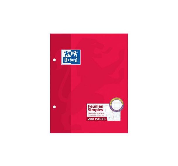 OXFORD Feuilles Simples 17x22cm Grands Carreaux Seyès 200 Pages Etui Carte Rouge