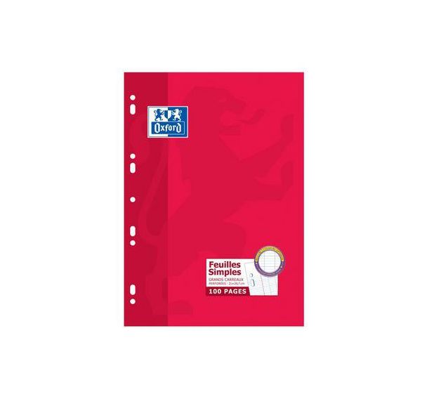 OXFORD Feuilles Simples A4 Grands Carreaux Seyès 100 Pages Blanches Etui Carte Rouge