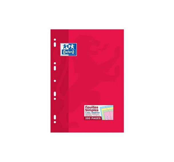 OXFORD Feuilles Simples A4 Grands Carreaux Seyès 200 Pages Etui Carte Rouge Coloris Assortis