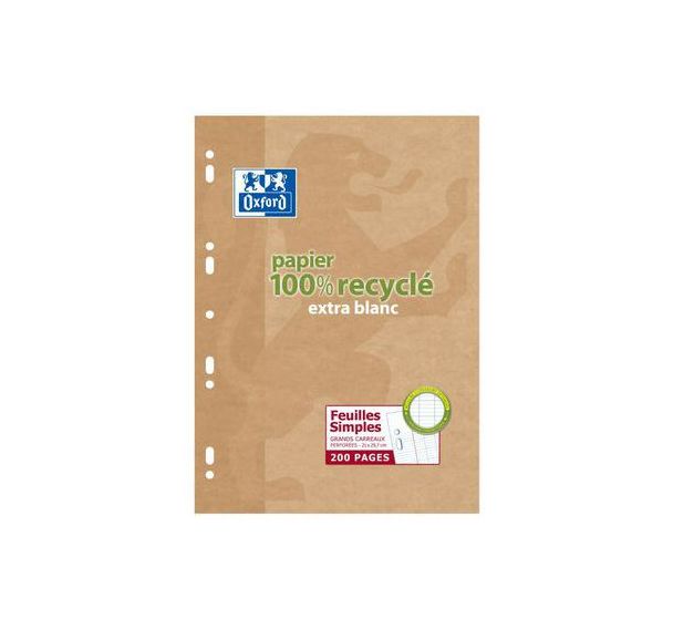 OXFORD Feuilles Simples A4 Grands Carreaux Seyès 200 Pages Recyclées Etui Cartonné Beige