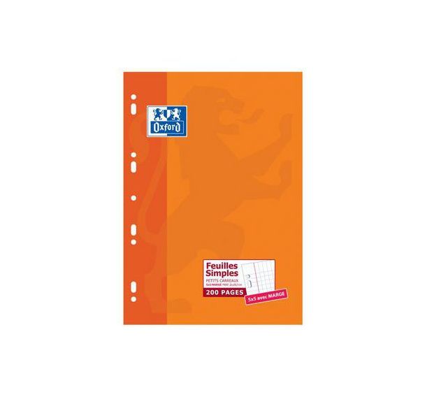 OXFORD Feuilles Simples A4 Petits Carreaux 5mm Margés 200 Pages Etui Carte Orange