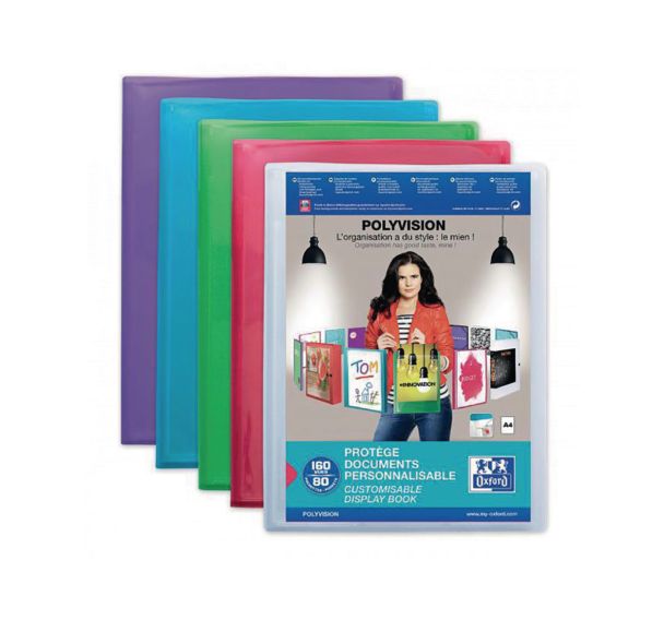 OXFORD Protège-Documents Polyvision A4 160 vues / 80 pochettes Couverture Polypro Translucide Coloris Assortis