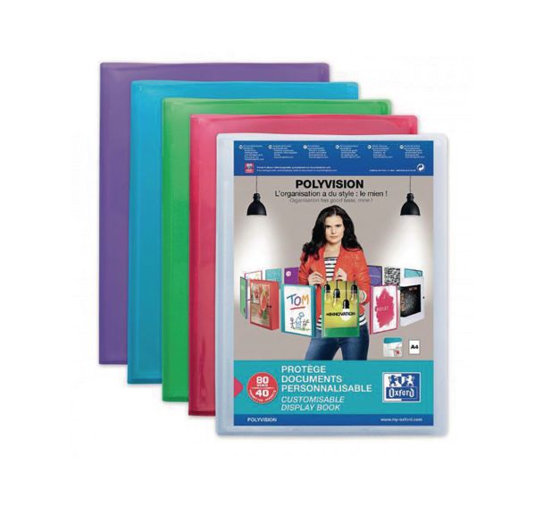 OXFORD Protège-Documents Polyvision A4 80 vues / 40 pochettes Couverture Polypro Translucide Coloris Assortis