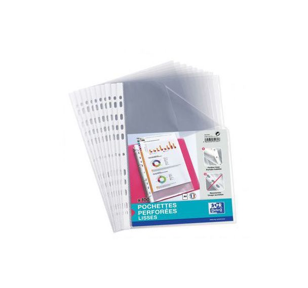 OXFORD Sachet de 100 Pochettes Perforées A4 Polypro Lisse Epaisseur 5/100ème Incolore