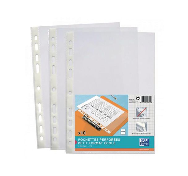 OXFORD Sachet de 10 Pochettes Perforées 17x22cm Polypro Lisse Epaisseur 6/100ème Incolore