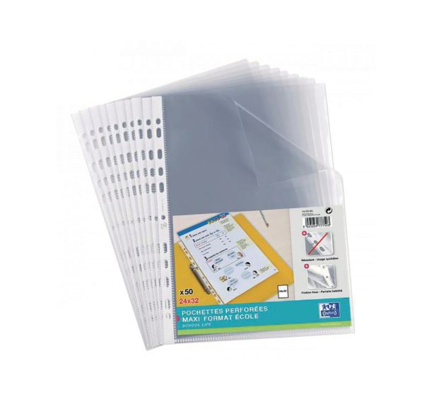 OXFORD Sachet de 50 Pochettes Perforées 24x32cm Polypro Lisse Epaisseur 6/100ème Incolore