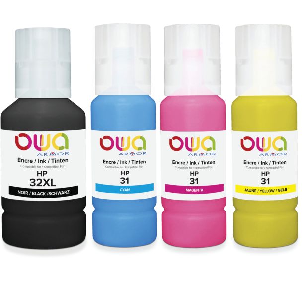 Pack4 bouteilles d'encre compatibles HP 32XL 31 - 4 couleurs