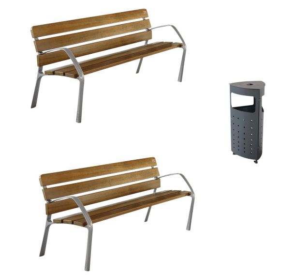 Pack 2 bancs bois/fonte 180 cm accoudoirs + 1 poubelle Star 60L