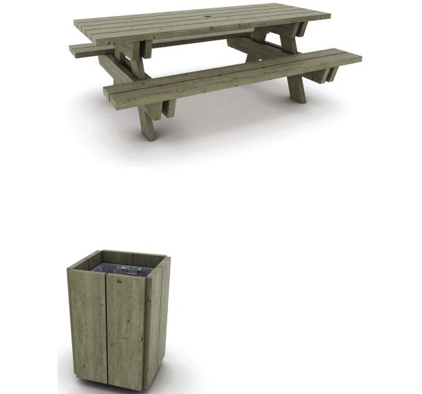 Pack Bréhat : 2 tables pin traité + 1 poubelle carrée 50 L - Manutan Expert