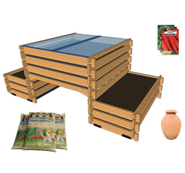 Pack Complet : trio potager 2 x 0,5 m² + 1x1 m² - terreau et graines