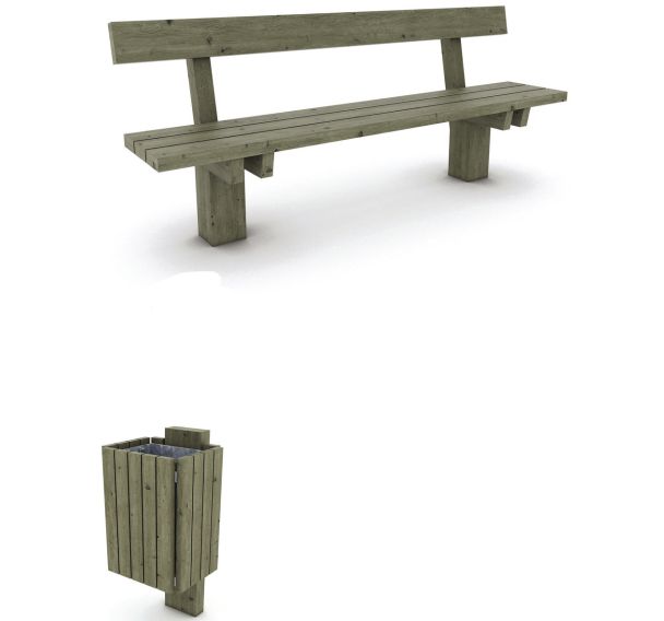 Pack Ouessant : 2 bancs Ouessant + 1 Poubelle 40 litres - pin traité