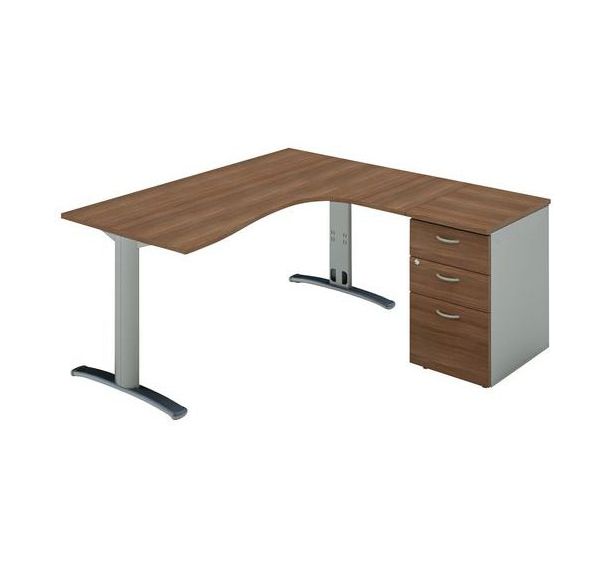 Pack bureau asymétrique 180 pieds Dalia +caisson HB retour droite Noyer/Alu