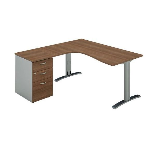 Pack bureau asymétrique 180 pieds Dalia +caisson HB retour gauche Noyer/Alu