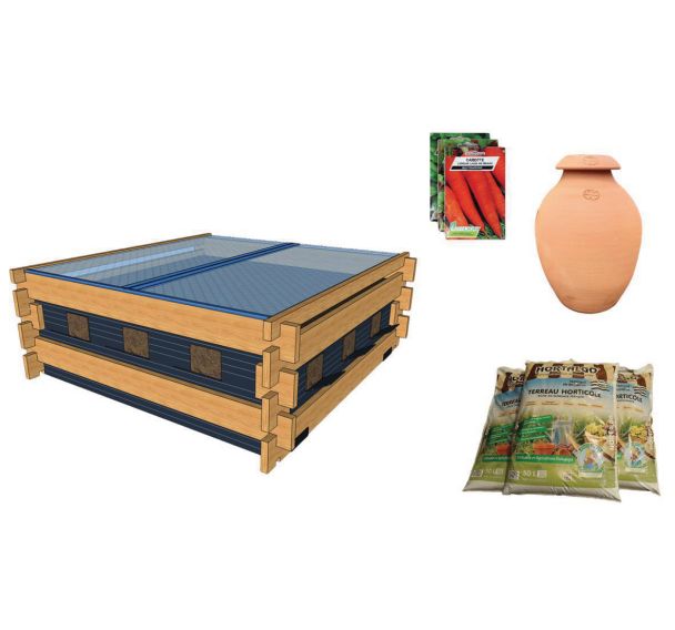 Pack complet : potager au sol - terreau - Ollas - graines Carre Serre