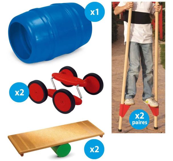 Pack équilibre junior : 2 paires d'échasses 2 acrobat 2 rolla-bolla 1 tonneau