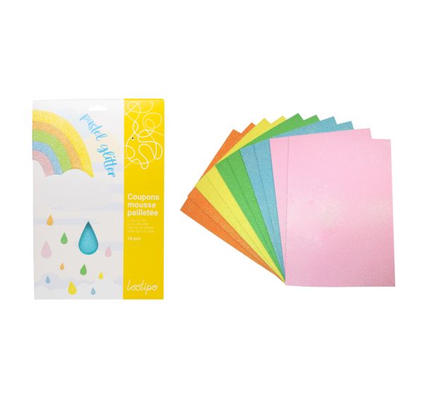 Pack mousse EVA pailletée PASTEL - 21 x 29,7 cm - 10 pcs