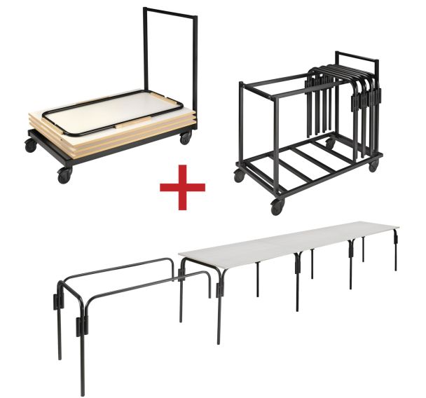 Pack réunion 10 tables 120x80 cm Infini plateau gris + 2 chariots de stockage