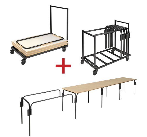 Pack réunion 10 tables 120x80 cm Infini plateau hêtre + 2 chariots de stockage