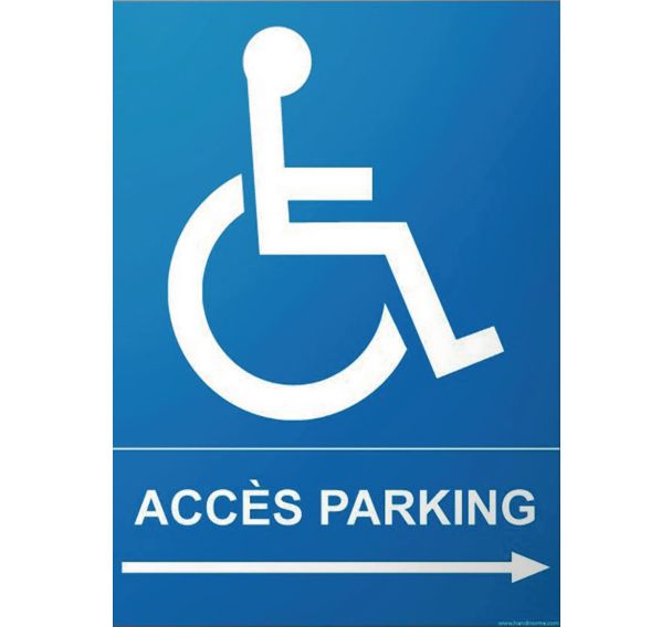 Panneau accès parking droite + picto handicapé flèche gauche PVC 300 x 420 mm