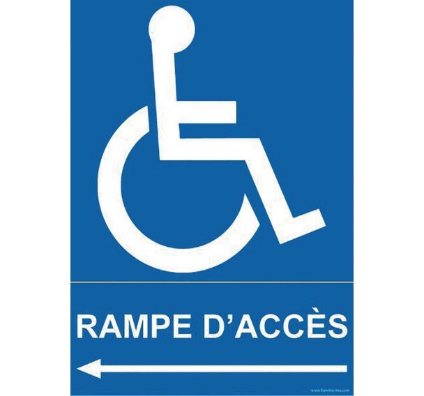Panneau direction gauche rampe d'accès + picto handicapé PVC 300 x 420 mm