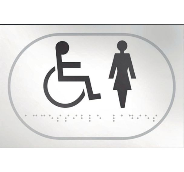 Panneau picto handicapé + femme en relief et en braille blanc