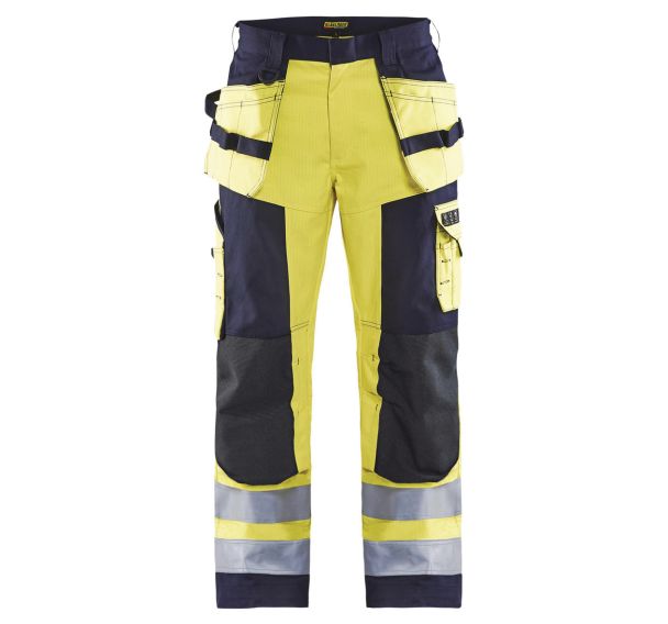 Pantalon artisan multinormes jaune/marine, poche jambe avec rabat