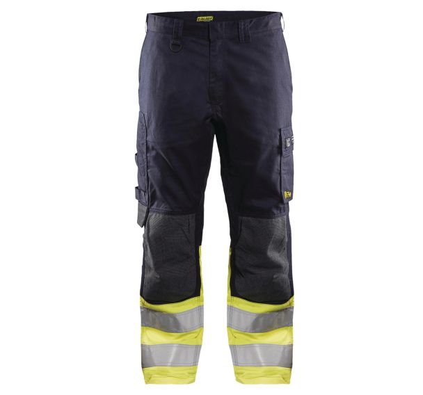 Pantalon multinormes inhérent marine/jaune fluo, poches côtés en biais