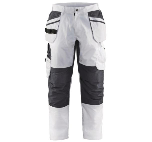Pantalon peintre stretch blanc/gris foncé, poches flottantes