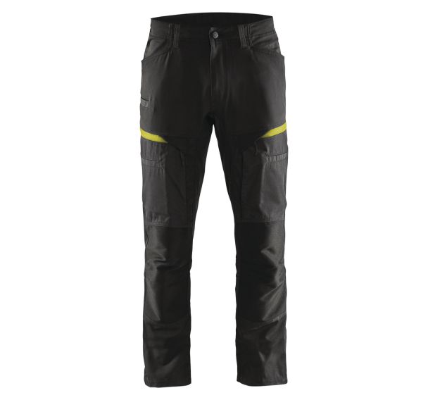 Pantalon services stretch noir/jaune fluorescent, poche A4 / tablette