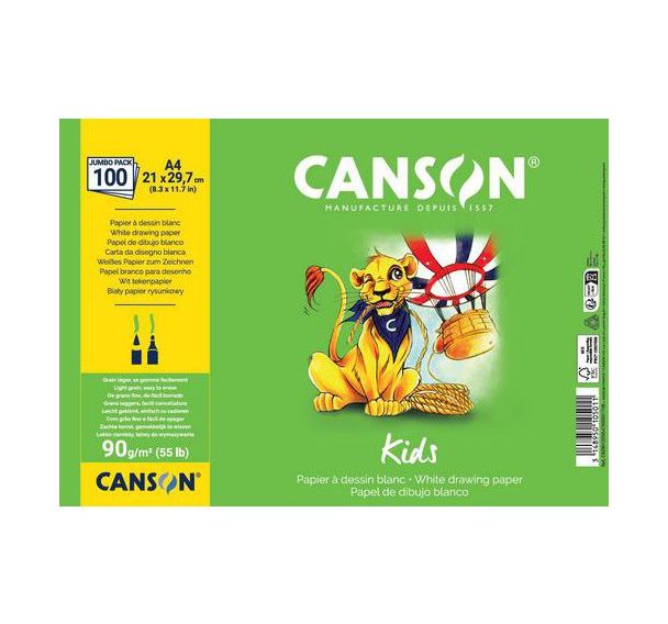 Paquet 100 feuilles dessin blanc 21x29,7cm 90g Canson Kids
