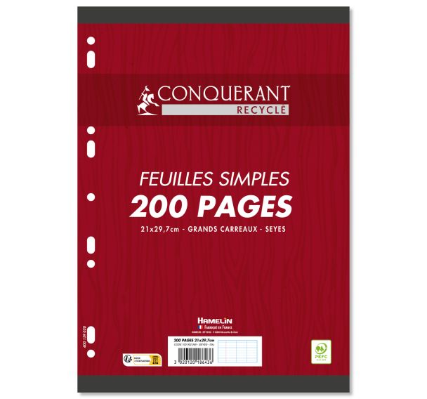 Paquet 100 feuillets simples 90g 200 p papier 100% recyclé
