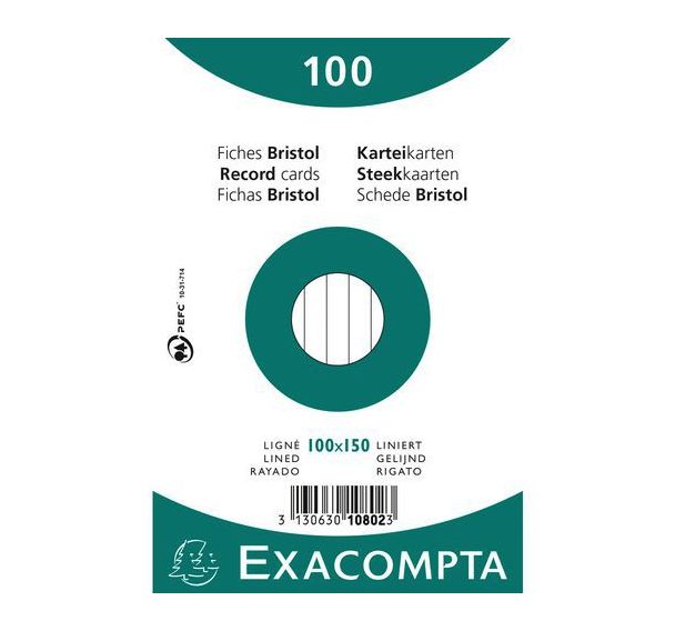 Paquet 100 fiches blanc bristol ligné non perforé 100x150mm (lot de 20)
