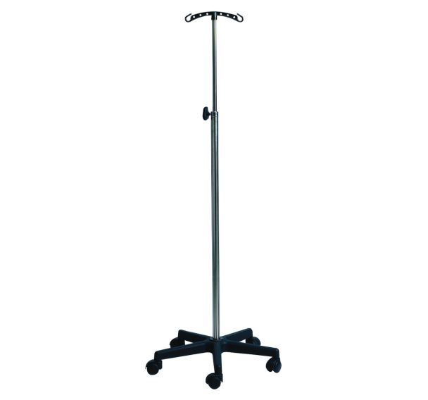 Pied à perfusion 5 branches nylon, 2 crochets inox de sécurité