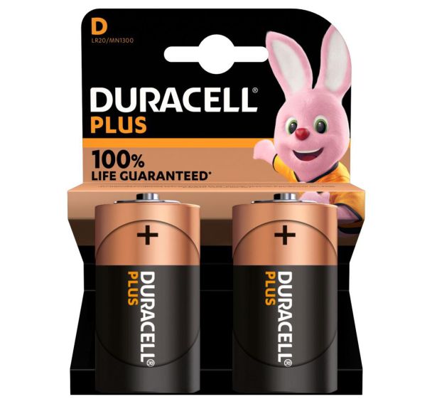 Pile alcaline LR20/D x2 DURACELL 100%PLUS