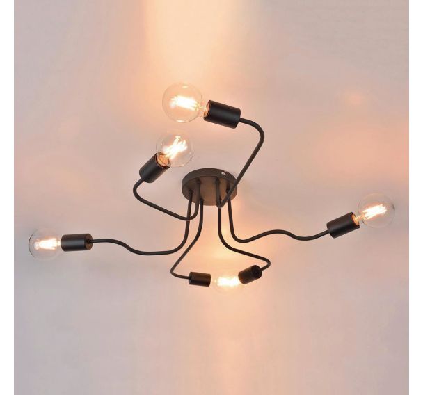 Plafonnier 6 lumières base ronde en métal peint noir
